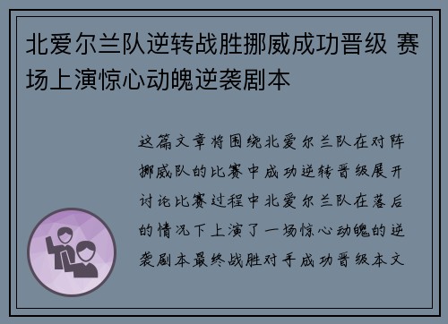 北爱尔兰队逆转战胜挪威成功晋级 赛场上演惊心动魄逆袭剧本