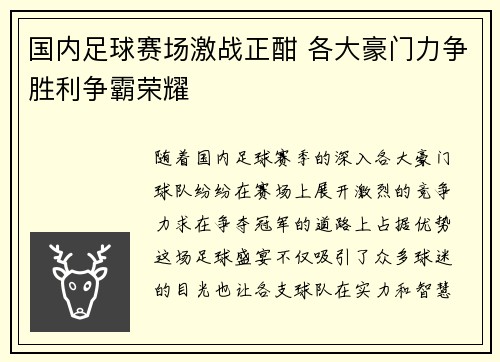 国内足球赛场激战正酣 各大豪门力争胜利争霸荣耀