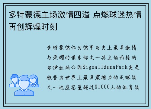 多特蒙德主场激情四溢 点燃球迷热情再创辉煌时刻