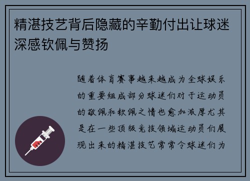 精湛技艺背后隐藏的辛勤付出让球迷深感钦佩与赞扬
