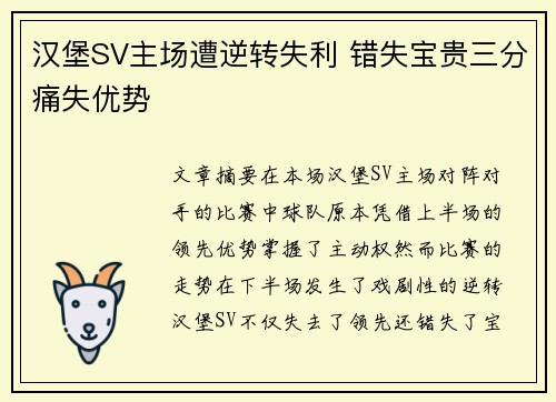 汉堡SV主场遭逆转失利 错失宝贵三分痛失优势