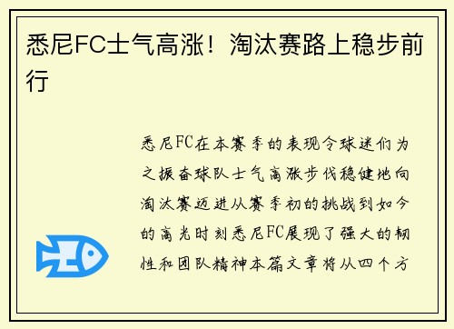 悉尼FC士气高涨！淘汰赛路上稳步前行