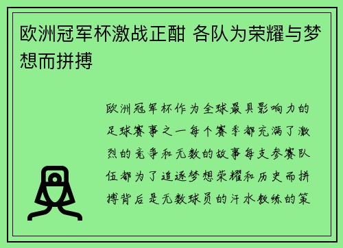 欧洲冠军杯激战正酣 各队为荣耀与梦想而拼搏