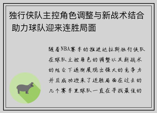 独行侠队主控角色调整与新战术结合 助力球队迎来连胜局面