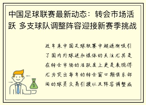 中国足球联赛最新动态：转会市场活跃 多支球队调整阵容迎接新赛季挑战