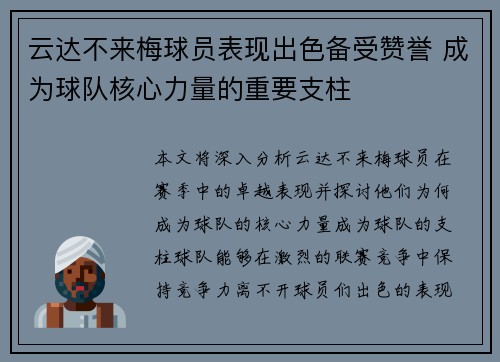 云达不来梅球员表现出色备受赞誉 成为球队核心力量的重要支柱